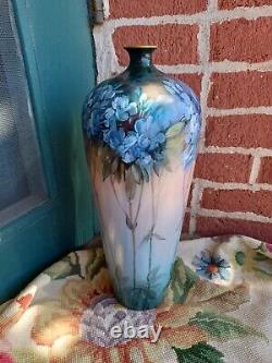 Antique Artist Signed Unmarked Limoges Hand Painted Floral Tall Porcelain Vase