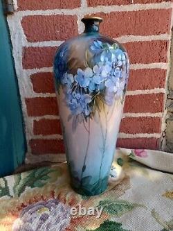 Antique Artist Signed Unmarked Limoges Hand Painted Floral Tall Porcelain Vase