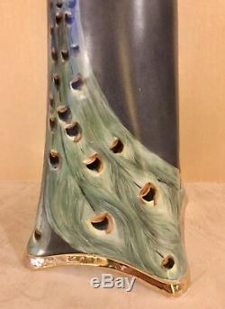 Antique Austrian Bohemia Art Nouveau Hand Painted Porcelain Vase With Peacocks