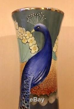 Antique Austrian Bohemia Art Nouveau Hand Painted Porcelain Vase With Peacocks