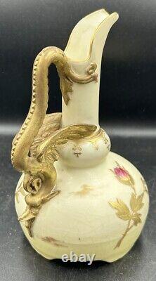 Antique Austrian Carlsbad Hand Painted Porcelain Floral Dragon Handle Vase