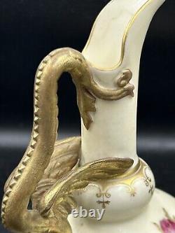 Antique Austrian Carlsbad Hand Painted Porcelain Floral Dragon Handle Vase