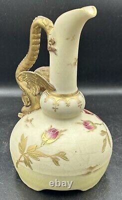 Antique Austrian Carlsbad Hand Painted Porcelain Floral Dragon Handle Vase