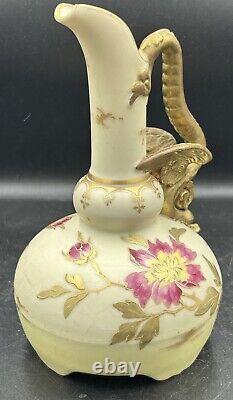 Antique Austrian Carlsbad Hand Painted Porcelain Floral Dragon Handle Vase