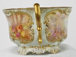 Antique BTD Limoges Green Porcelain Cup Saucer Embossed Gilded Hand Painted Bird