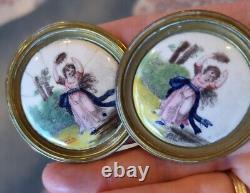 Antique Brass & Porcelain Hand Painted Curtain Tie Backs Holders Lot of 3