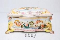 Antique CAPODIMONTE Italy Cherub Floral Hand Painted Porcelain Jewelry Box