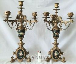 Antique Candleabras Candlesticks 3 Arm Porcelain Hand Painted Italian French