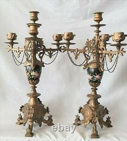 Antique Candleabras Candlesticks 3 Arm Porcelain Hand Painted Italian French