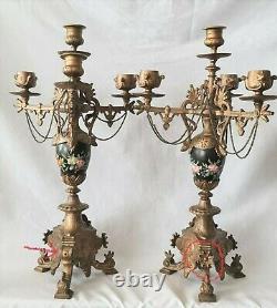 Antique Candleabras Candlesticks 3 Arm Porcelain Hand Painted Italian French