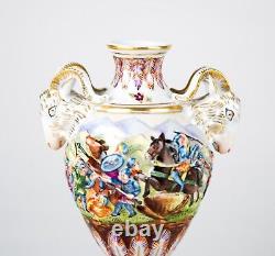 Antique Capodimonte Hand Painted Porcelain Urn Vases Set of 2 Rams Head Handles