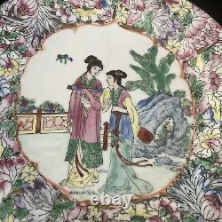 Antique Chinese 10 Hand Painted Porcelain Plate Dynasty Red Mark To Base