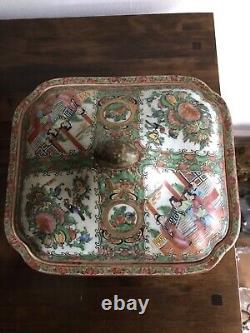 Antique Chinese 19thC Cantonese Hand Made Porcelain Family Rose Lidded Bowl Dish