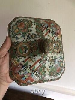 Antique Chinese 19thC Cantonese Hand Made Porcelain Family Rose Lidded Bowl Dish