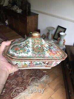 Antique Chinese 19thC Cantonese Hand Made Porcelain Family Rose Lidded Bowl Dish