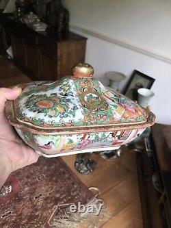 Antique Chinese 19thC Cantonese Hand Made Porcelain Family Rose Lidded Bowl Dish