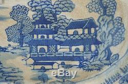 Antique Chinese Blue White Hand Painted Porcelain Platter Pagoda River Scene
