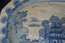 Antique Chinese Blue White Hand Painted Porcelain Platter Pagoda River Scene