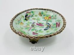 Antique Chinese Canton Celadon Porcelain and Bronze Hand Painted Plate, 1880s