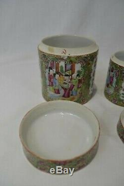Antique Chinese Canton Famille Rose Porcelain Lidded Pot Jar x 5 Rare Set VGC