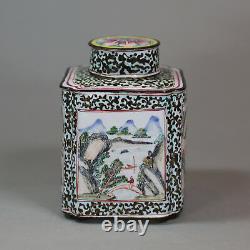 Antique Chinese Canton enamel square-section tea canister and cover, Qianlong 1