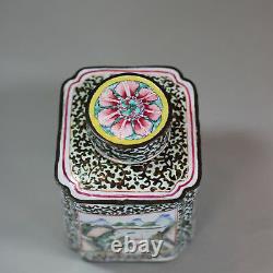 Antique Chinese Canton enamel square-section tea canister and cover, Qianlong 1