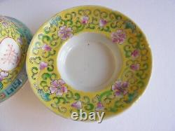 Antique Chinese Famille Jaune Porcelain Bowl Cover & Saucer