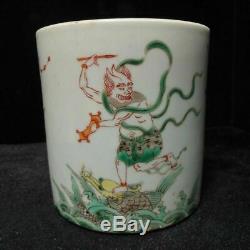 Antique Chinese Famille Verte Hand Painting Figures Porcelain Brush Pot