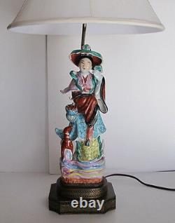 Antique Chinese Goddess Magu Famille Rose Porcelain Statue Lamp on Brass Base