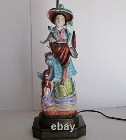 Antique Chinese Goddess Magu Famille Rose Porcelain Statue Lamp on Brass Base