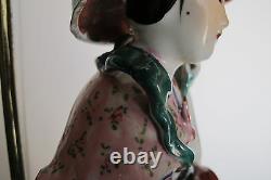 Antique Chinese Goddess Magu Famille Rose Porcelain Statue Lamp on Brass Base