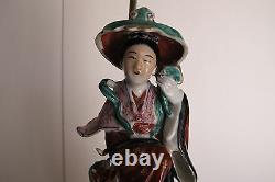 Antique Chinese Goddess Magu Famille Rose Porcelain Statue Lamp on Brass Base