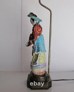 Antique Chinese Goddess Magu Famille Rose Porcelain Statue Lamp on Brass Base