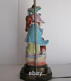 Antique Chinese Goddess Magu Famille Rose Porcelain Statue Lamp on Brass Base