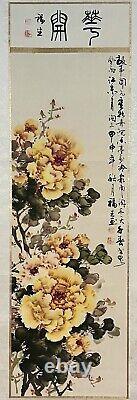 Antique Chinese Hand Painted Silk Scroll / Painting With Porcelain Handles Signed