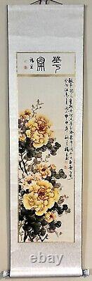 Antique Chinese Hand Painted Silk Scroll / Painting With Porcelain Handles Signed