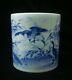Antique Chinese Hand Painting Blue And White Porcelain Brush Pot Marked