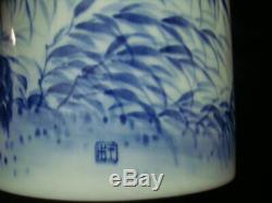 Antique Chinese Hand Painting Blue and White Porcelain Brush Pot Marked