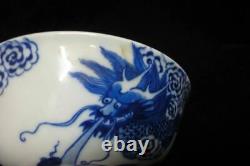 Antique Chinese Hand Painting Dragons B/W Porcelain Bowl KangXi Mark
