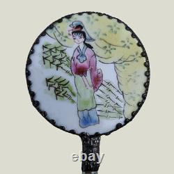 Antique Chinese Handheld Mirror Jade Handle & Hand-Painted Porcelain Back