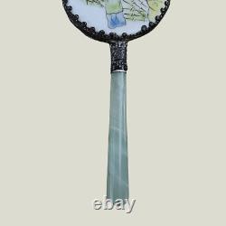 Antique Chinese Handheld Mirror Jade Handle & Hand-Painted Porcelain Back