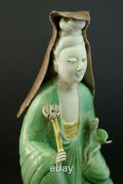Antique Chinese Kangxi Sancai Glaze Biscuit Porcelain Guanyin And Child Figurine