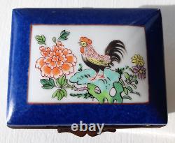 Antique Chinese Powder Blue Porcelain Box with Cockerel Rooster Hen & Peony