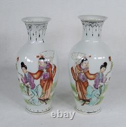 Antique Chinese Public Period Hand Painted Porcelain Pair of Vases Signed