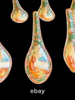 Antique Chinese Rose Medallion Hand Painted Porcelain Soup Spoons 1930's Lot 8