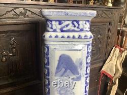 Antique Chinese Tongzhi Blue And White Porcelain Square Vase On Base & Seal Mark