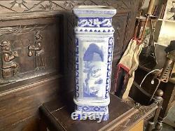 Antique Chinese Tongzhi Blue And White Porcelain Square Vase On Base & Seal Mark