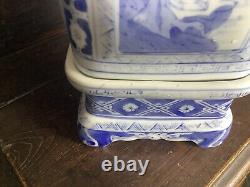 Antique Chinese Tongzhi Blue And White Porcelain Square Vase On Base & Seal Mark