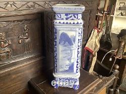 Antique Chinese Tongzhi Blue And White Porcelain Square Vase On Base & Seal Mark