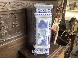 Antique Chinese Tongzhi Blue And White Porcelain Square Vase On Base & Seal Mark